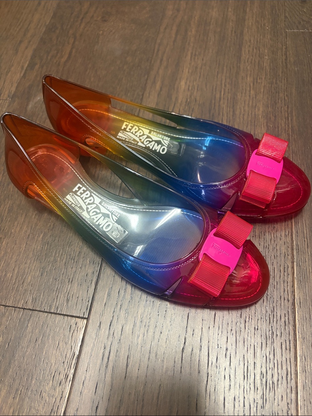 Salvatore Ferragamo Rainbow Multicolor Jelly Ballet Flats with Pink Bow Accent - Picture 6 of 6